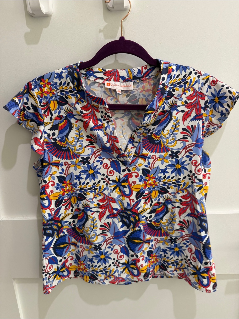 Vera Bradley Multicolor Floral & Bird V-Neck Cap Sleeve Top